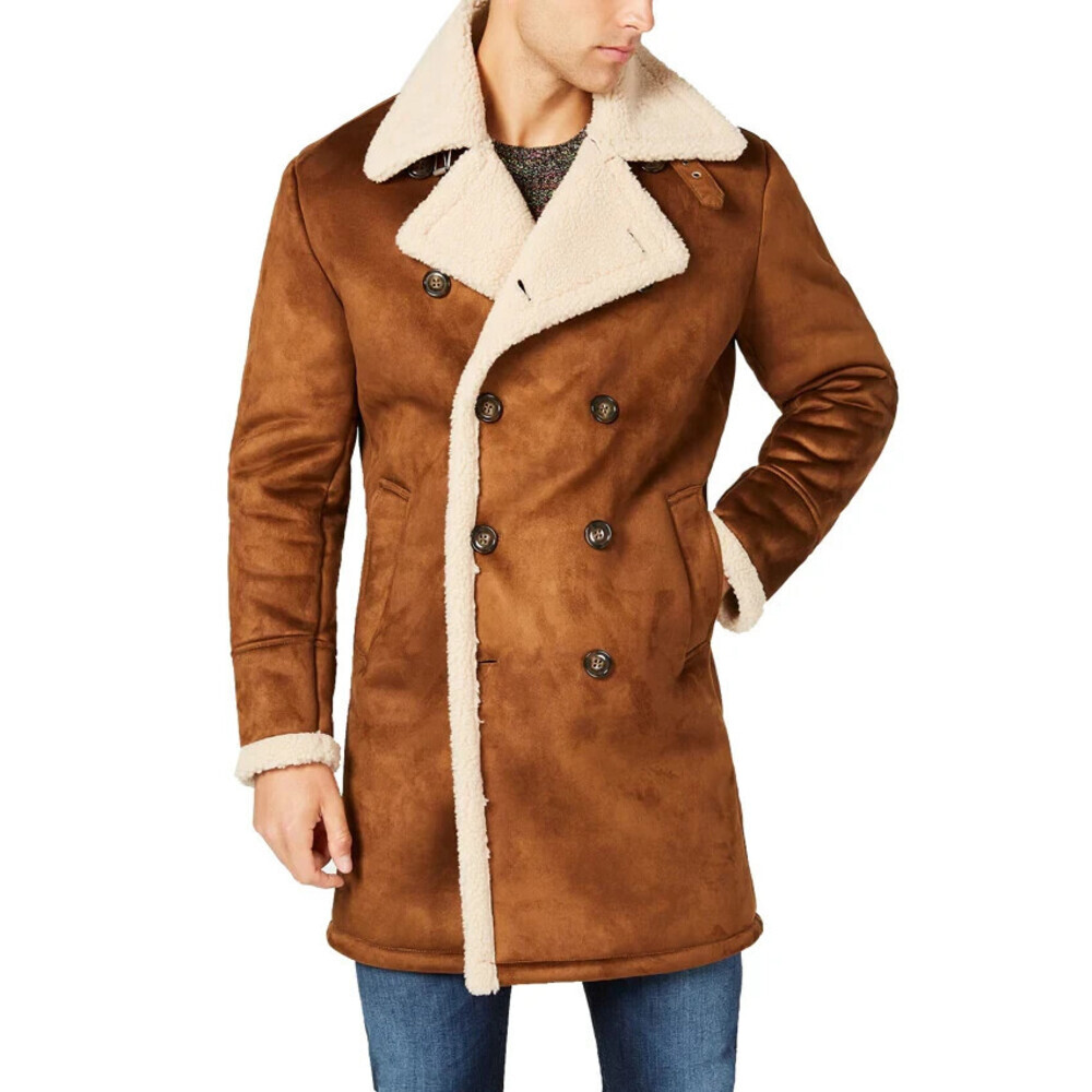 Guess Pea Coat Men's Small Brown Faux Shearling Double-Breasted Jacket MAC141